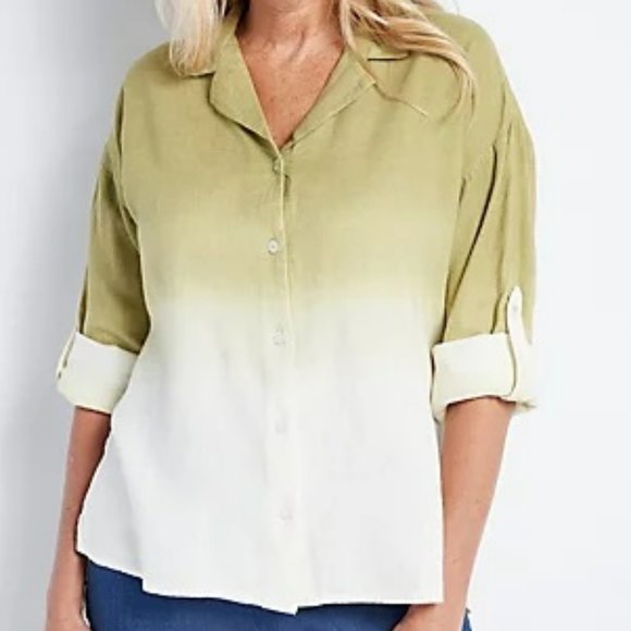 Jason Wu Dip Dye Linen Button Front Shirt - Olive - L - Picture 1 of 7